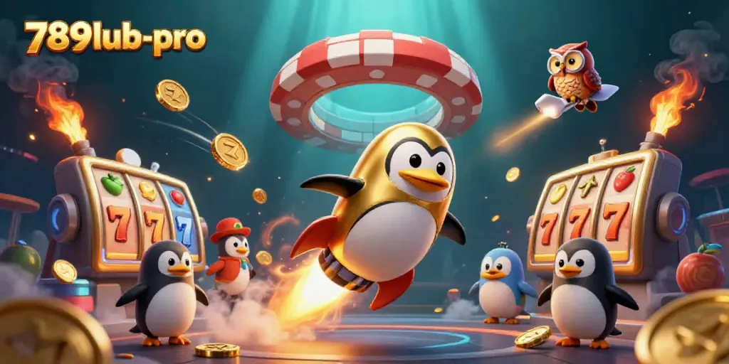 Catch thrilling action at 789lub-pro with a golden penguin and dynamic casino elements.