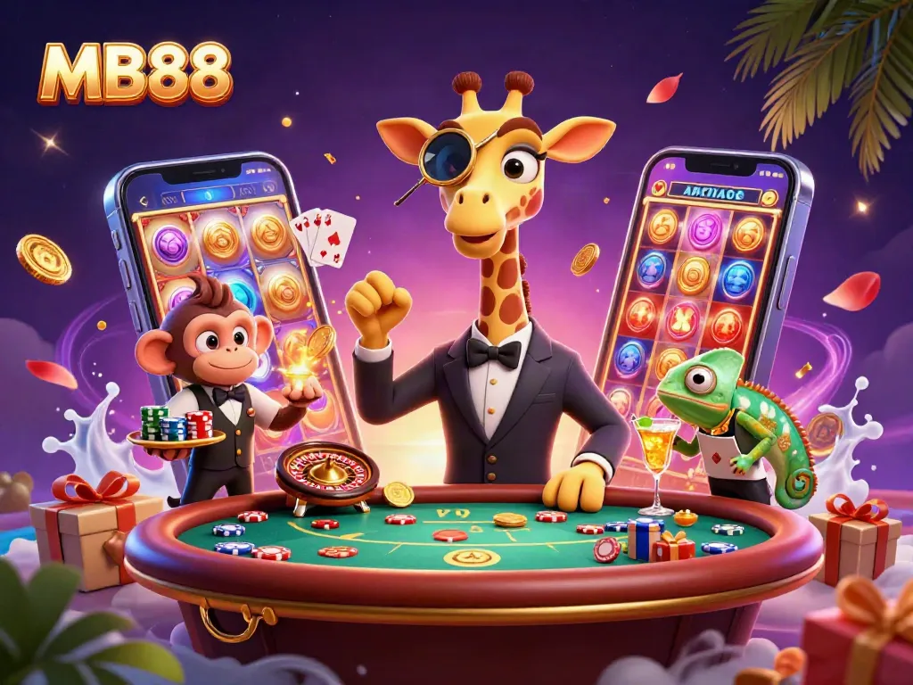 Experience the excitement of MB88 as a giraffe in a tux leans on a poker table amid vibrant casino elements.