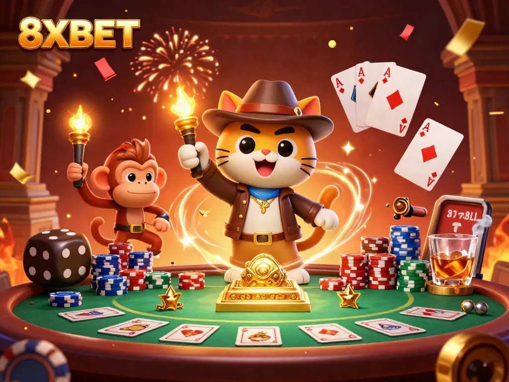 Experience 8XBET's exciting casino adventure with a cartoon archaeologist cat discovering treasures!