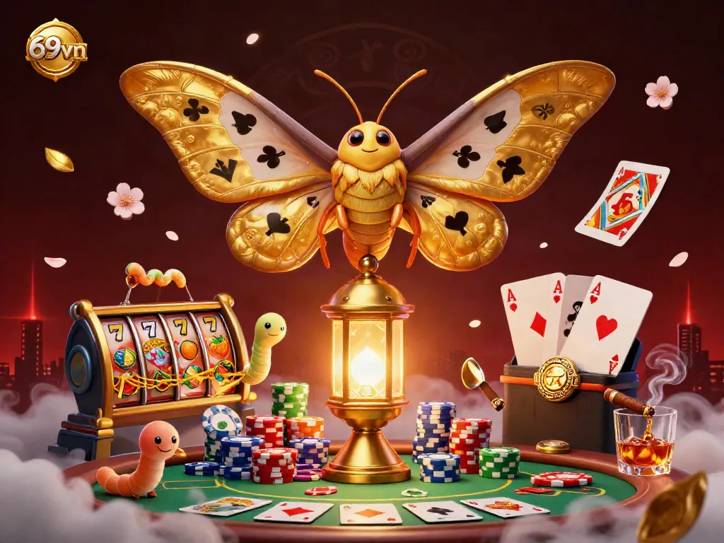 Experience the vibrant casino world of 69vn with dynamic slot reels and a majestic moth in a stunning illustration.