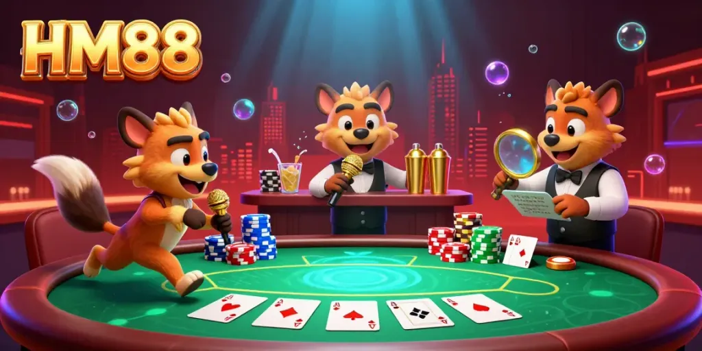 Watch HM88 hyenas entertain in a vibrant casino setting with poker action and cocktails.