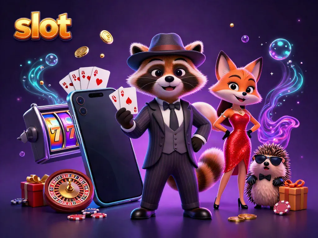 Experience thrilling slots with a suave raccoon, a fox, and a hedgehog in a vibrant casino scene.