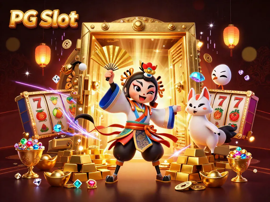 Experience the excitement of PG Slot with a vibrant 3D casino scene featuring kabuki warrior characters and golden treasures.