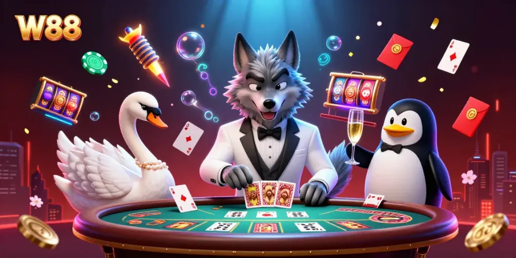 Engage in thrilling baccarat with W88 featuring elegant characters in a vibrant casino setting.
