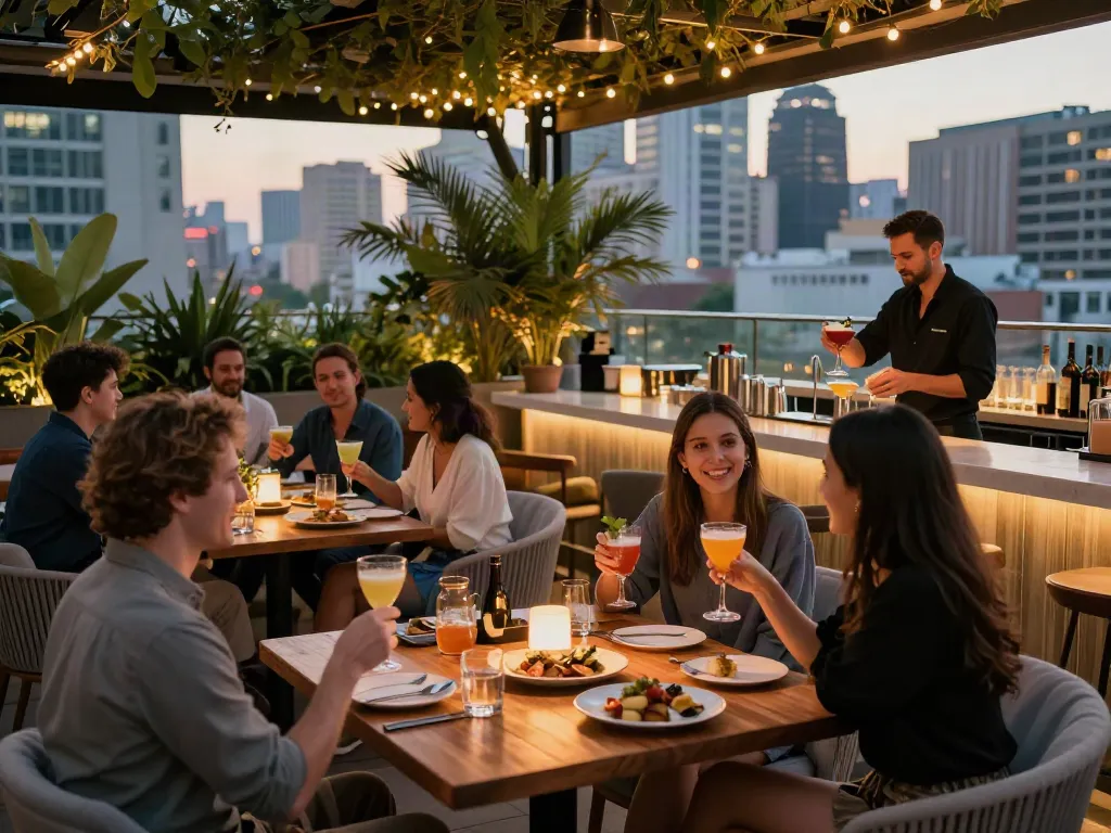NoHu rooftop bar with guests enjoying cocktails and skyline views at twilight.