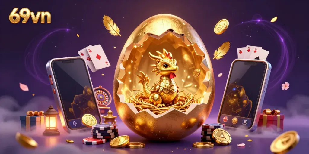 Experience the thrill of 69vn gaming with vibrant casino elements and a golden dragon.