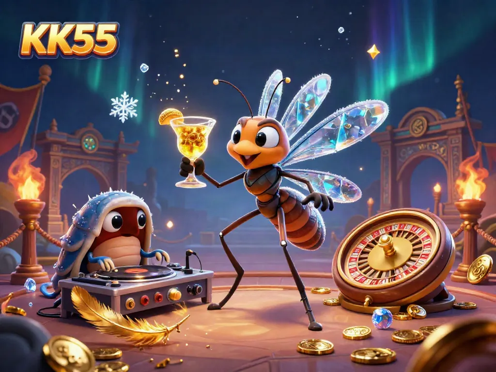 KK55 casino mascot frozen in amber with a golden cocktail, trilobite DJ, and golden roulette wheel in vibrant atmosphere.