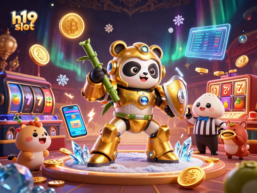 Experience the excitement of h19 slot with a vibrant 3D scene featuring colorful slot reels and a golden panda.