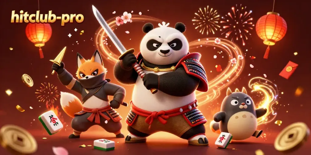 Engage with the vibrant gameplay of hitclub-pro as a samurai panda and companions celebrate with casino-themed elements.