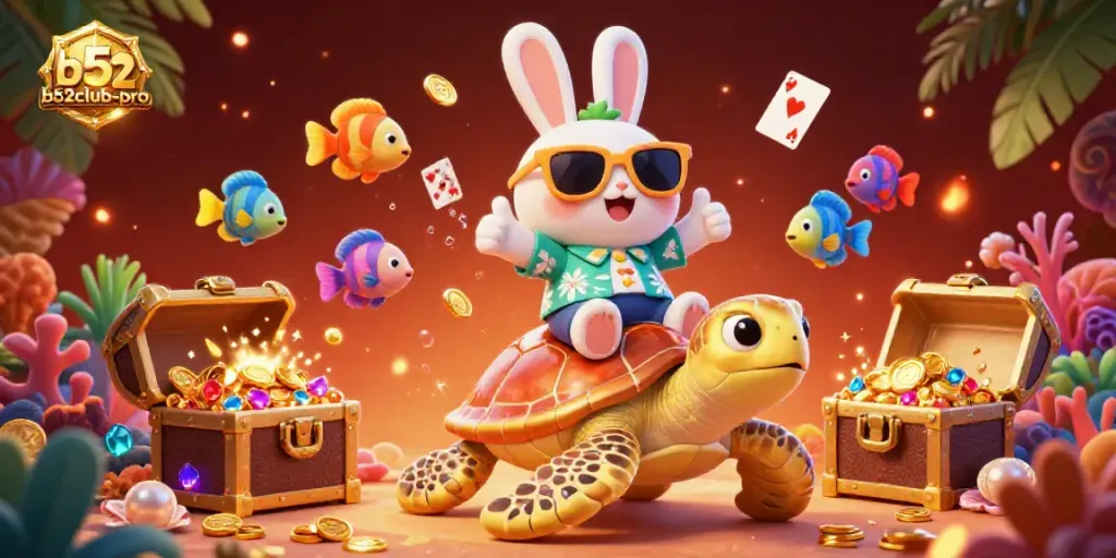 The b52club-pro lucky rabbit and golden turtle celebrate underwater treasures in a vibrant casino-themed scene.