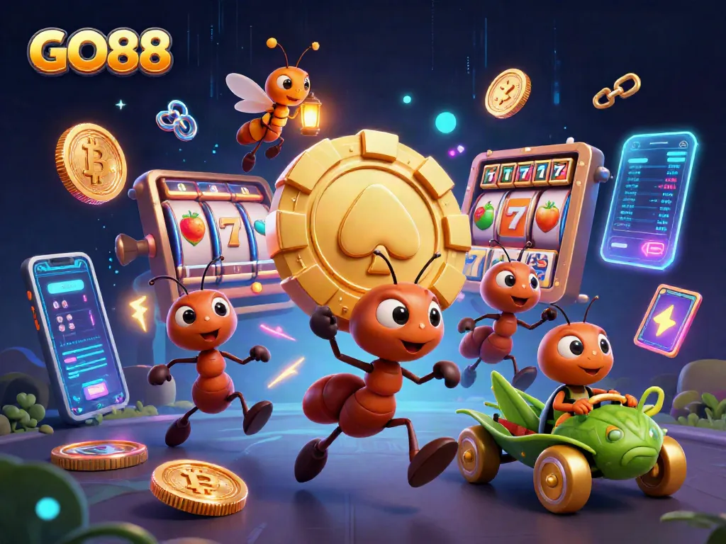GO88 game heist illustration with cartoon ants and vibrant casino elements.