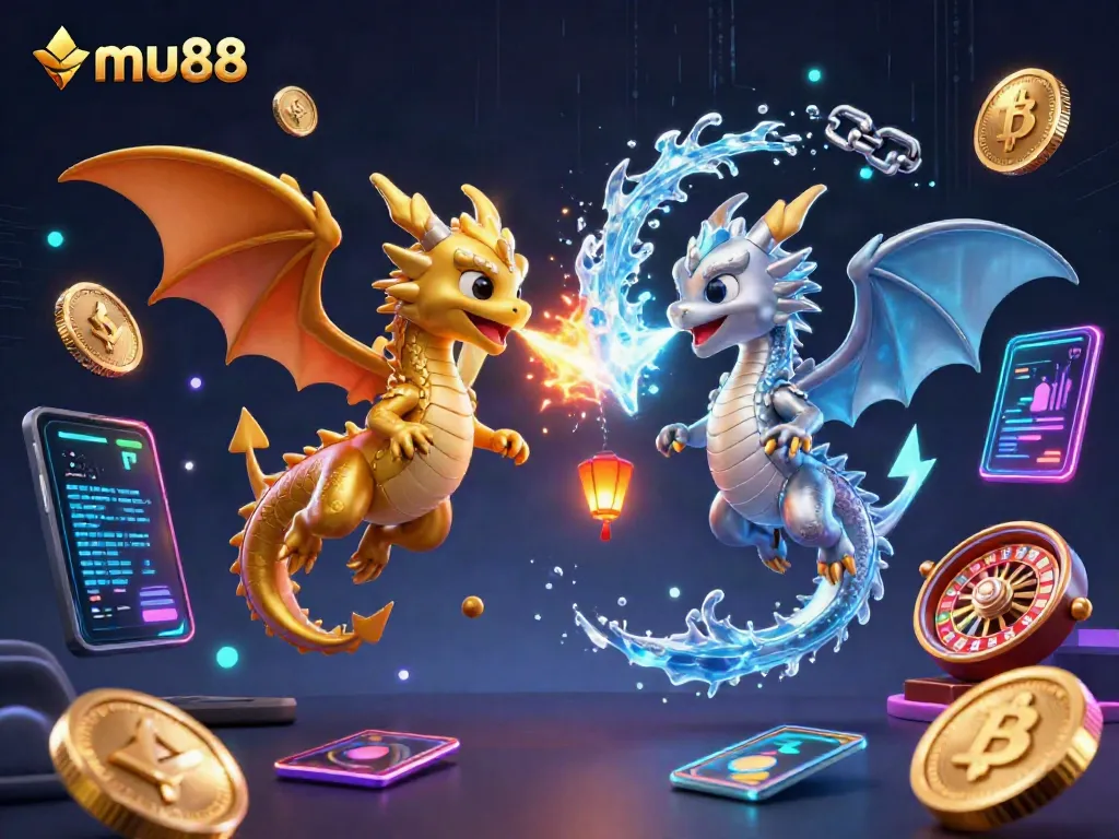 Experience thrilling casino excitement with mu88 as dragons battle amid neon crypto elements.