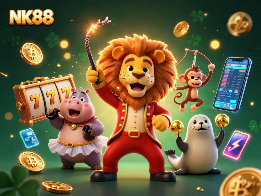 Join the fun with NK88 as our ringmaster lion leads a vibrant casino scene filled with excitement!