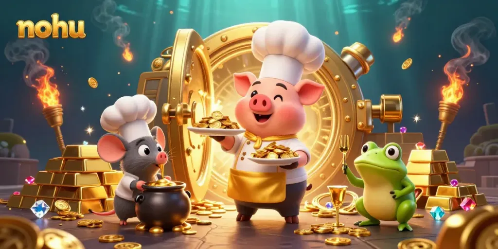 Nohu-themed casino illustration with gourmet gold coins served by a chef pig, showcasing vibrant treasure elements.