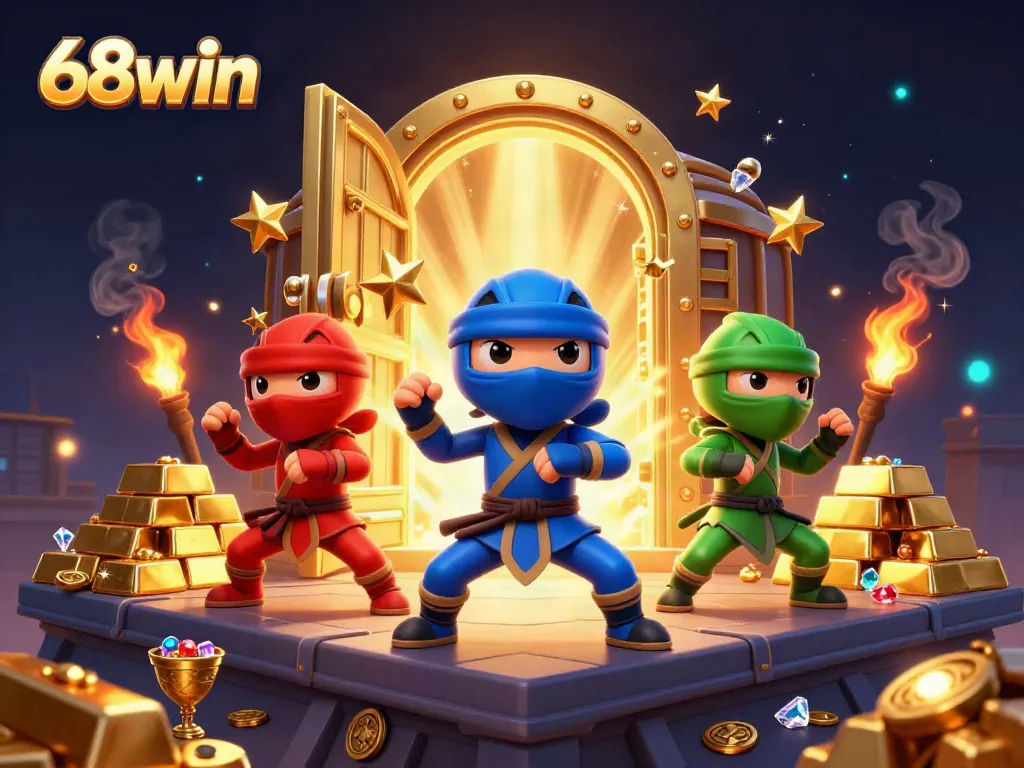 Experience thrilling action at 68win with cartoon ninja chameleons in a vibrant casino setting.
