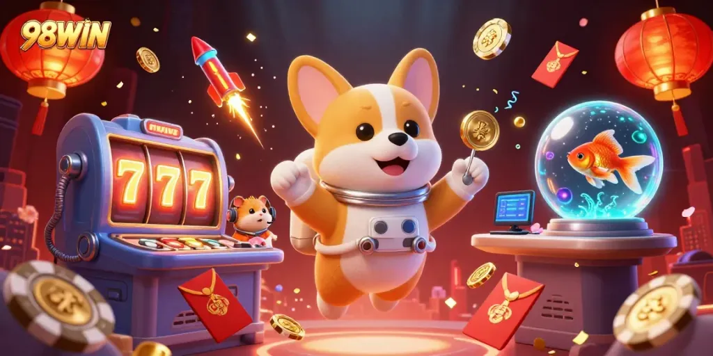 Engage in thrilling gaming with 98WIN's animated space casino scene featuring vibrant characters.