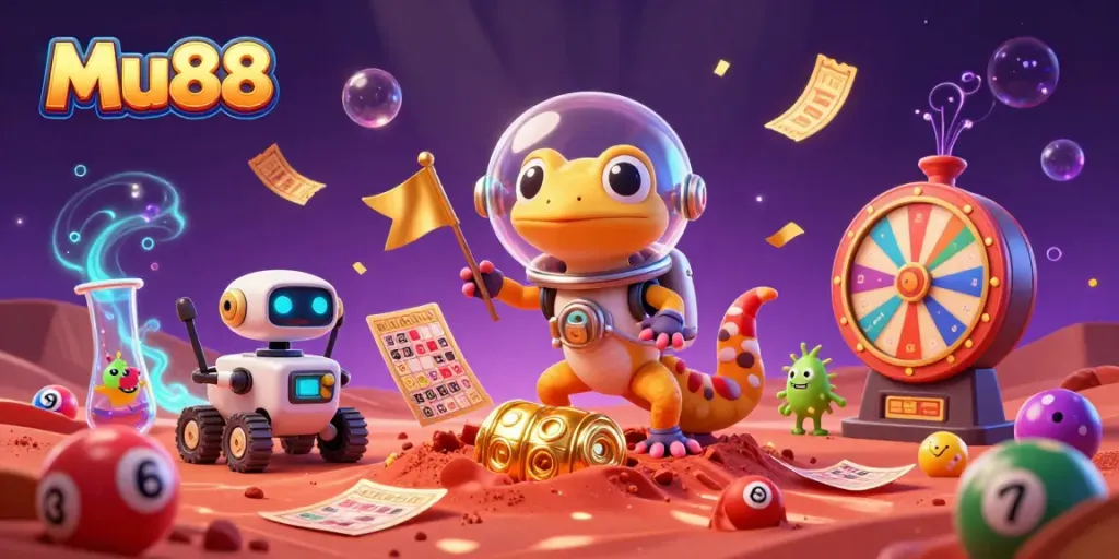 Experience the excitement of Mu88 with a Martian gecko and dynamic casino themes in this vibrant illustration.