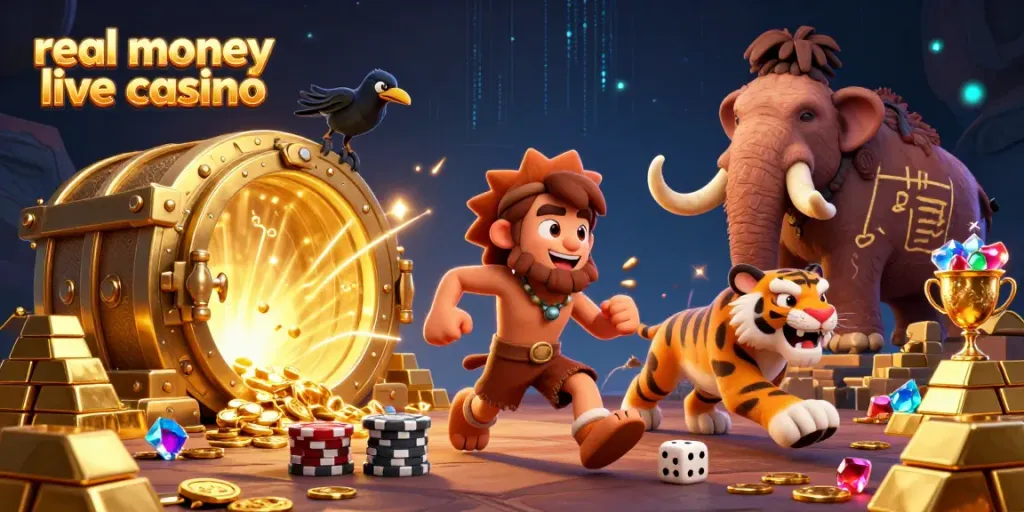 Experience the excitement of a real money live casino with a dynamic caveman and sabertooth tiger duo managing their prehistoric gaming venue.