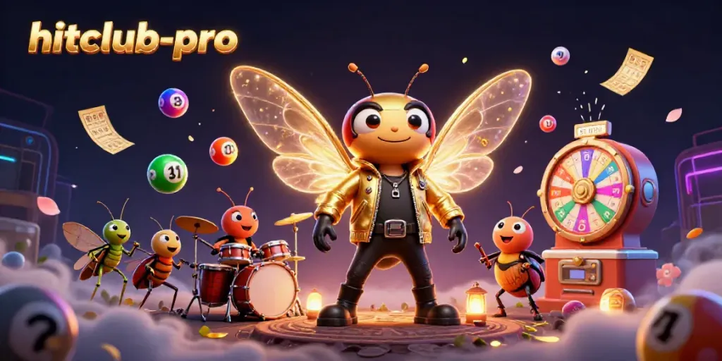 Experience the excitement of hitclub-pro with a vibrant 3D scene featuring a cicada rock star and colorful lottery elements.