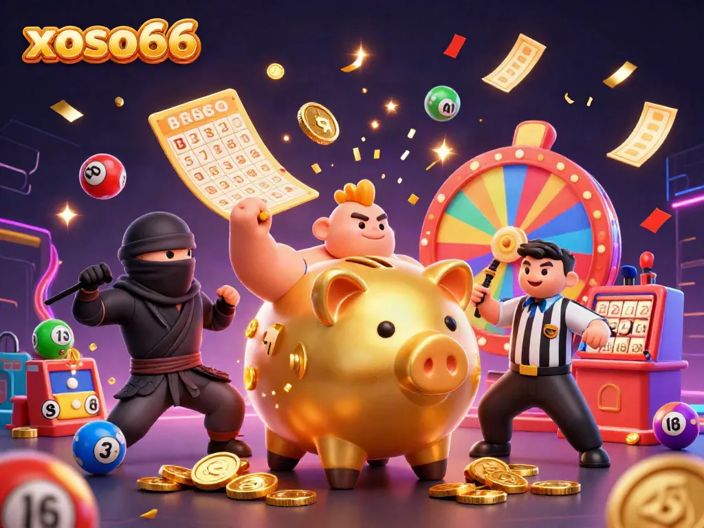 Experience thrilling moments at xoso66 with a dynamic 3D cartoon illustration of an animated piggy bank sumo wrestler.