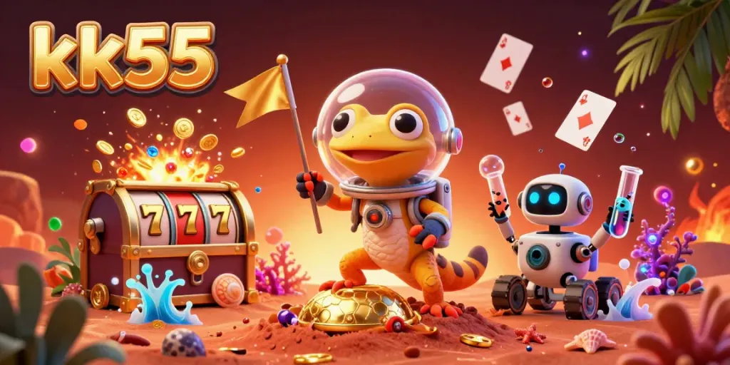 Experience the thrill with kk55 at a golden casino on Mars, featuring slot reels and vibrant characters.