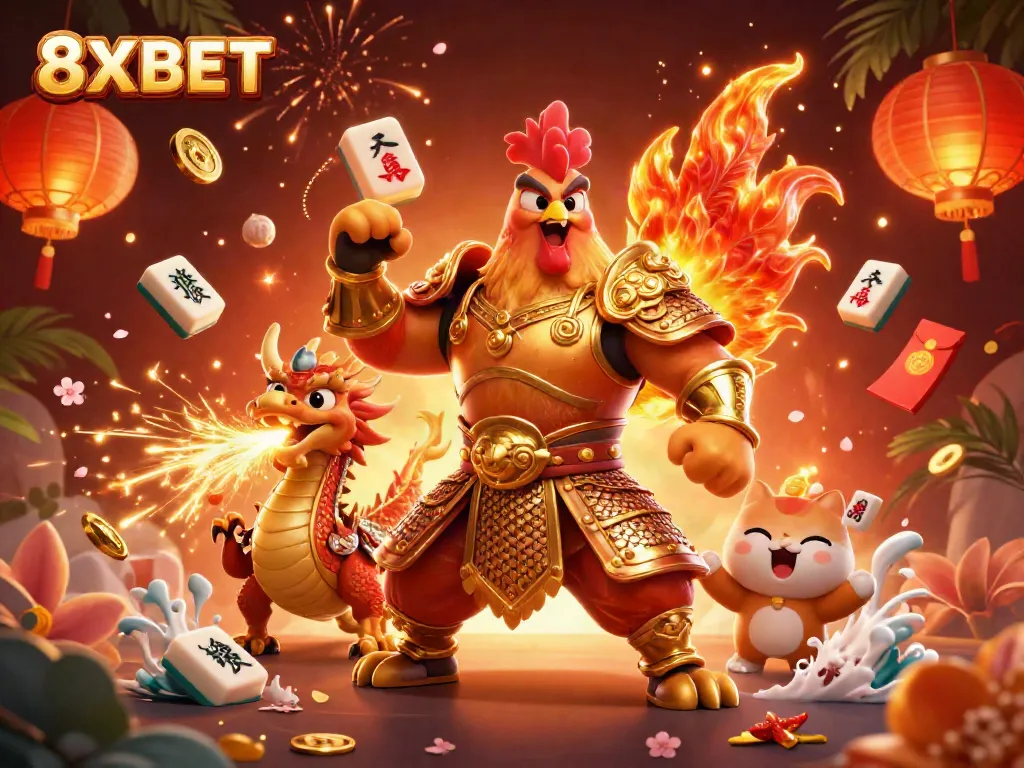 Join the fun at 8XBET with a vibrant illustration of a fighting rooster and dragon celebrating the thrill of gaming.
