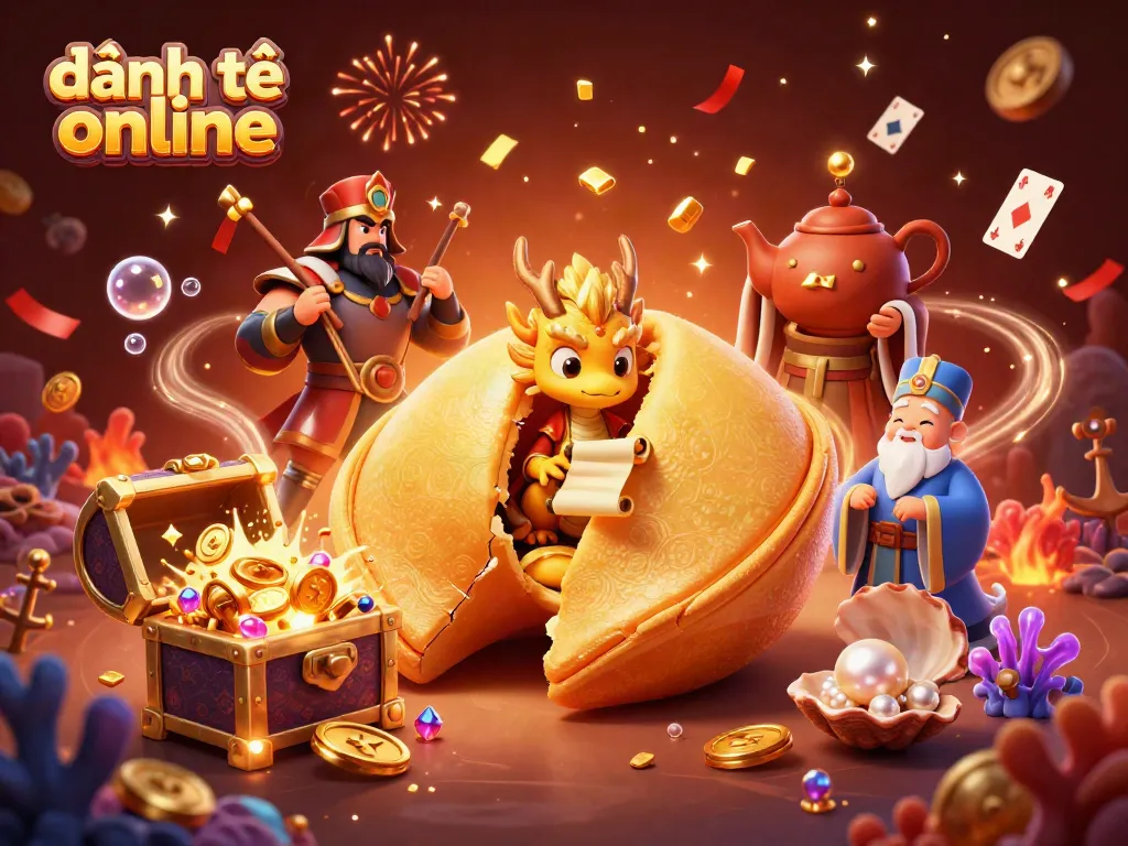 Win big with đánh đề online featuring a golden cookie, dragon, and exciting gaming elements.