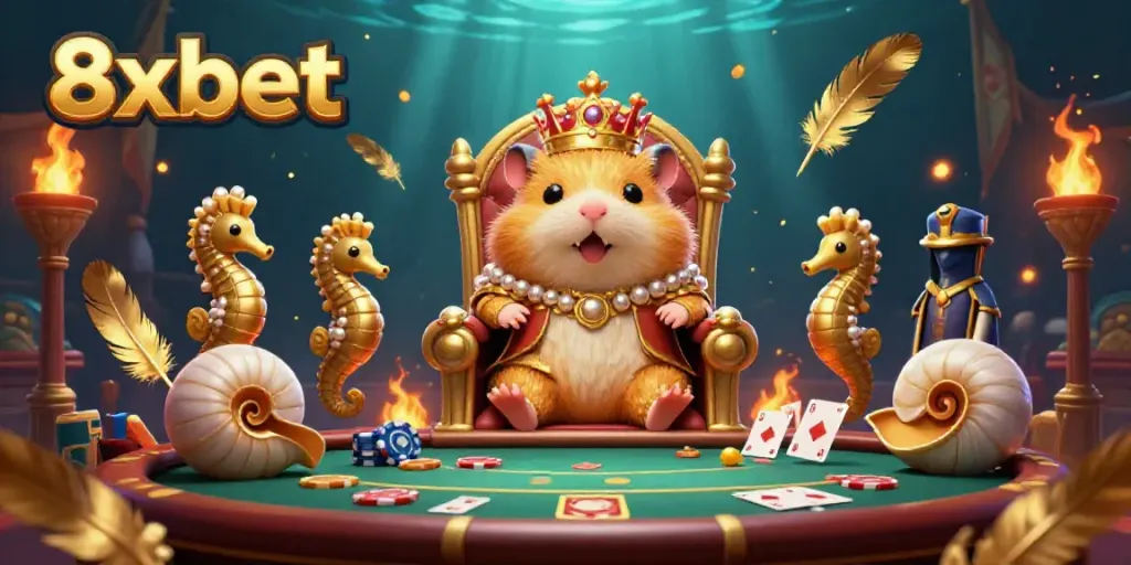 Engage in thrilling poker battles with 8xbet's dynamic casino scene featuring a hamster king and vibrant gaming elements.