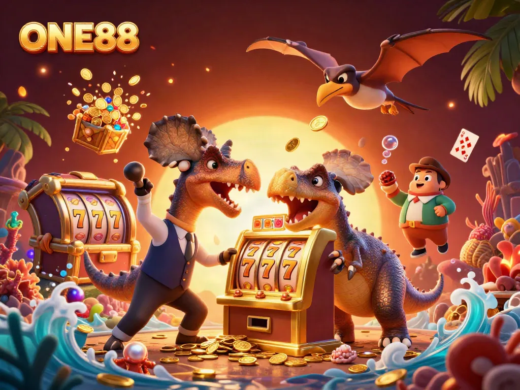 Engaging ONE88 casino scene with characters celebrating a jackpot payout from a golden slot machine, vibrant and dynamic.