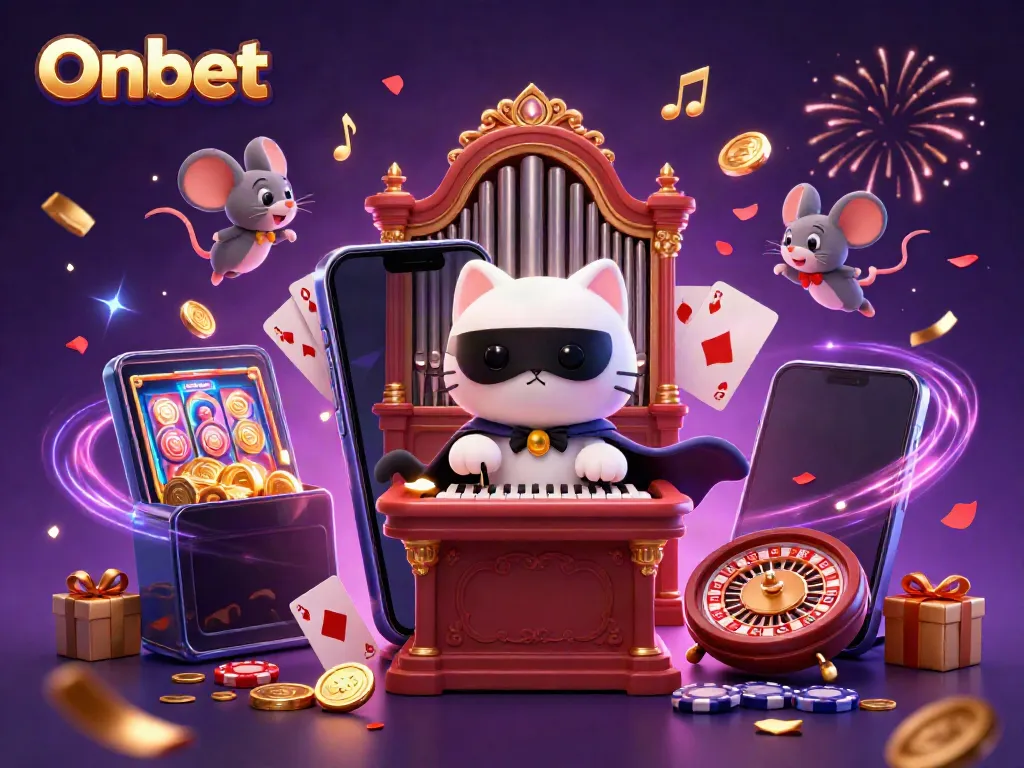 Experience Onbet's thrilling casino scene with a phantom cat and vibrant slot games.