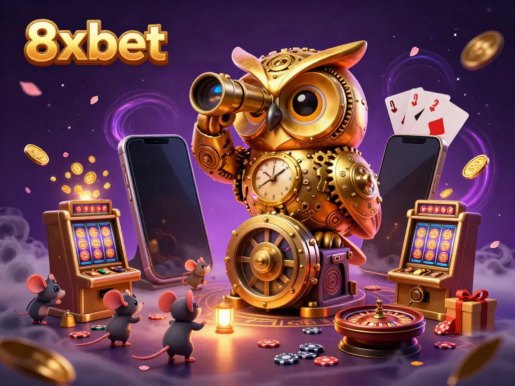 Engage with thrilling 8xbet gaming featuring a golden owl watching over a bustling casino scene full of excitement.