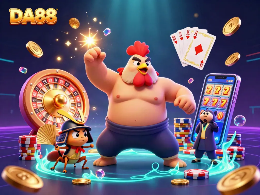 Engage with DA88's thrilling world of gaming featuring a sumo wrestler rooster and samurai cricket.