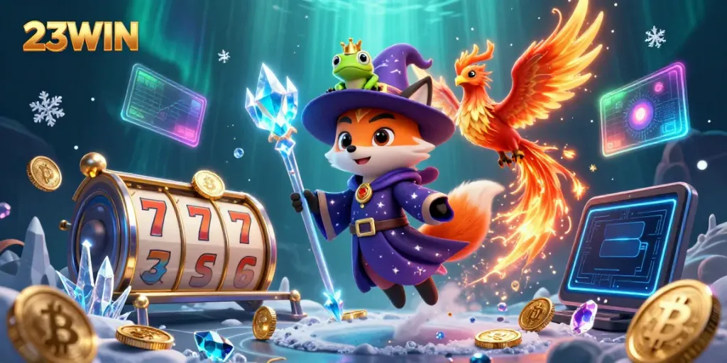 Experience thrilling slots at 23WIN with mesmerizing characters in a vibrant casino setting.