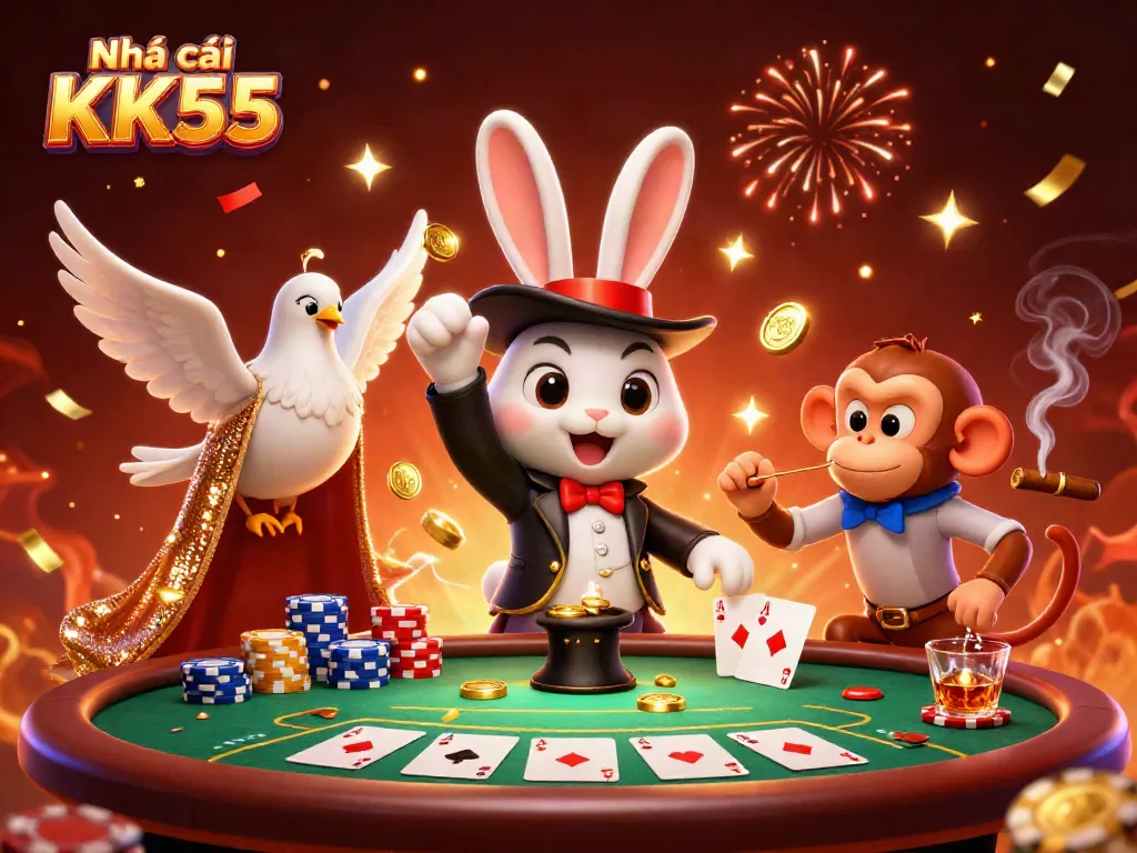 Engage with Nhà cái KK55 as a cartoon magician rabbit reveals golden coins amidst poker excitement.