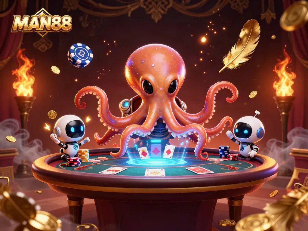 Experience thrilling poker action with MAN88's unique alien-themed casino illustration featuring vibrant cosmic elements.