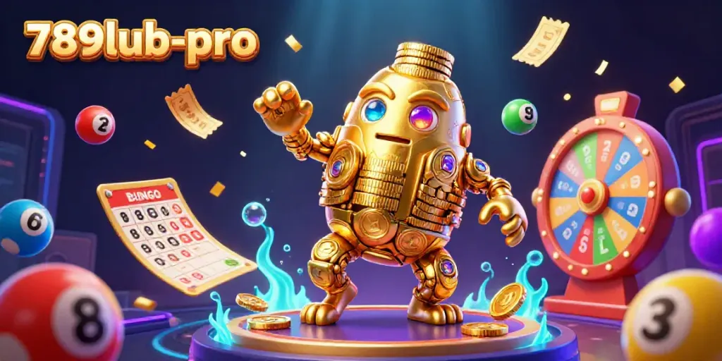 Experience the vibrant gaming action at 789lub-pro with a dazzling golden golem surrounded by lively casino elements.