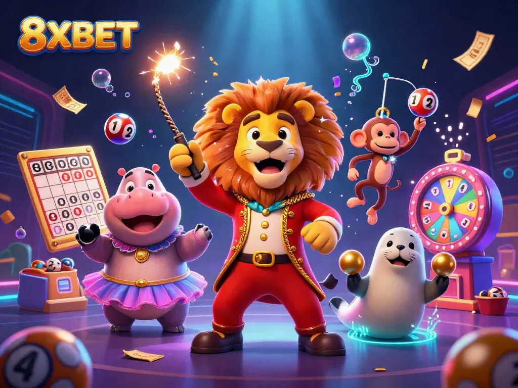 8XBET shows winning potential in a vibrant 3D casino scene with dynamic lottery elements.