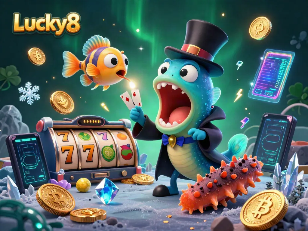 Experience the excitement of Lucky8 with a vibrant casino scene featuring magical creatures and crypto elements.