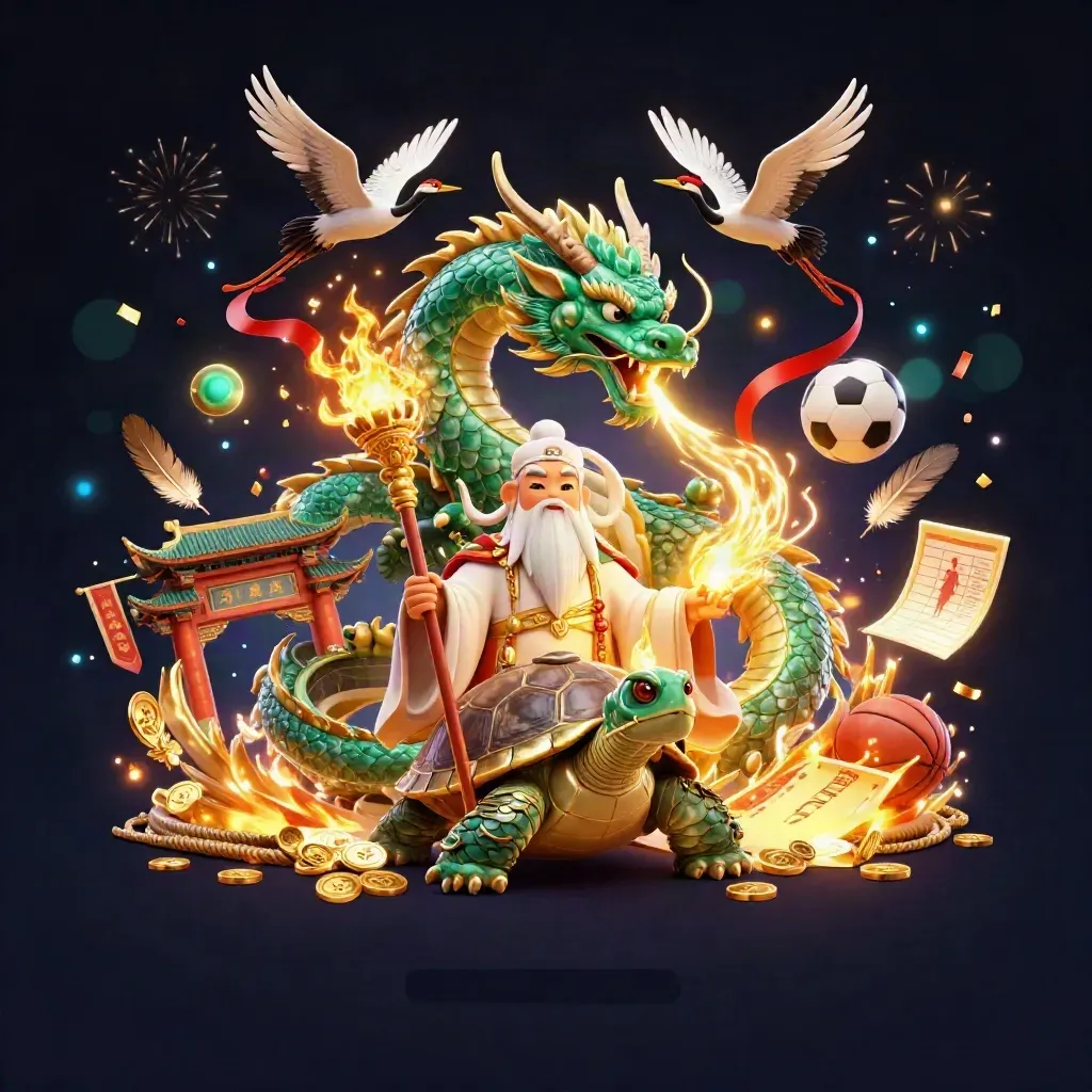 Emerald dragon, turtle sage, and cranes amid gold fire, temple gate, coins, and casino effects.