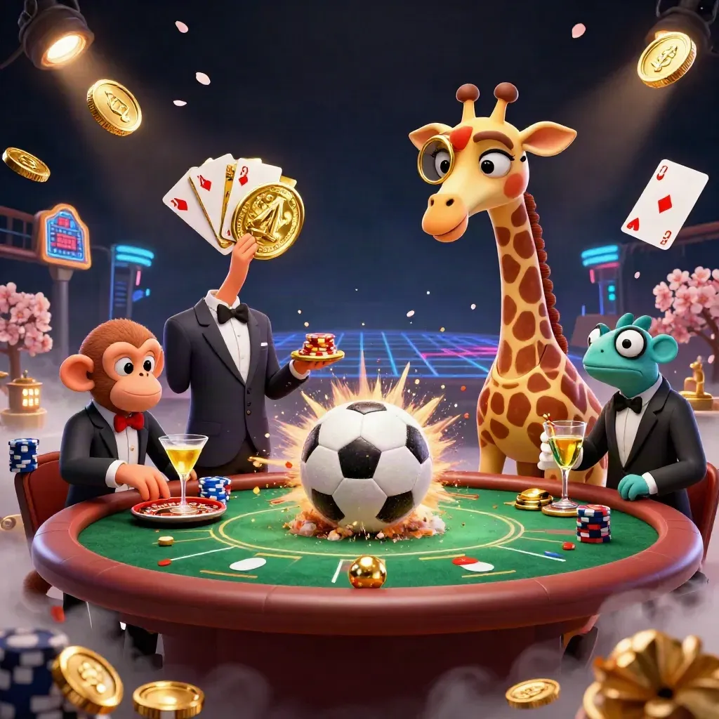 Soccer ball and casino mascots burst through gold chips, coins and neon haze on a dark luxe backdrop.