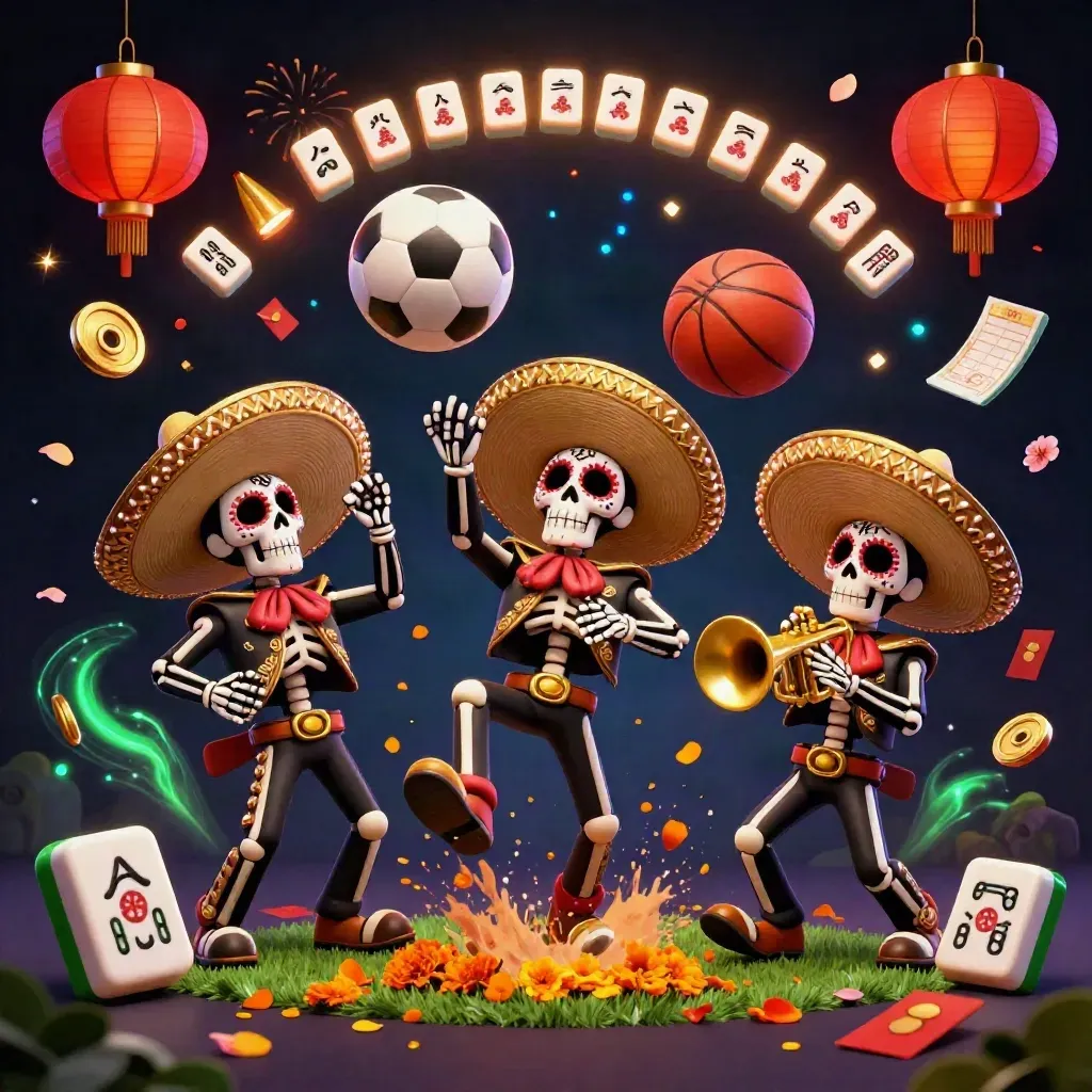 Skeleton mariachi trio amid flying sports balls, coins, petals, and fireworks, glowing in casino colors