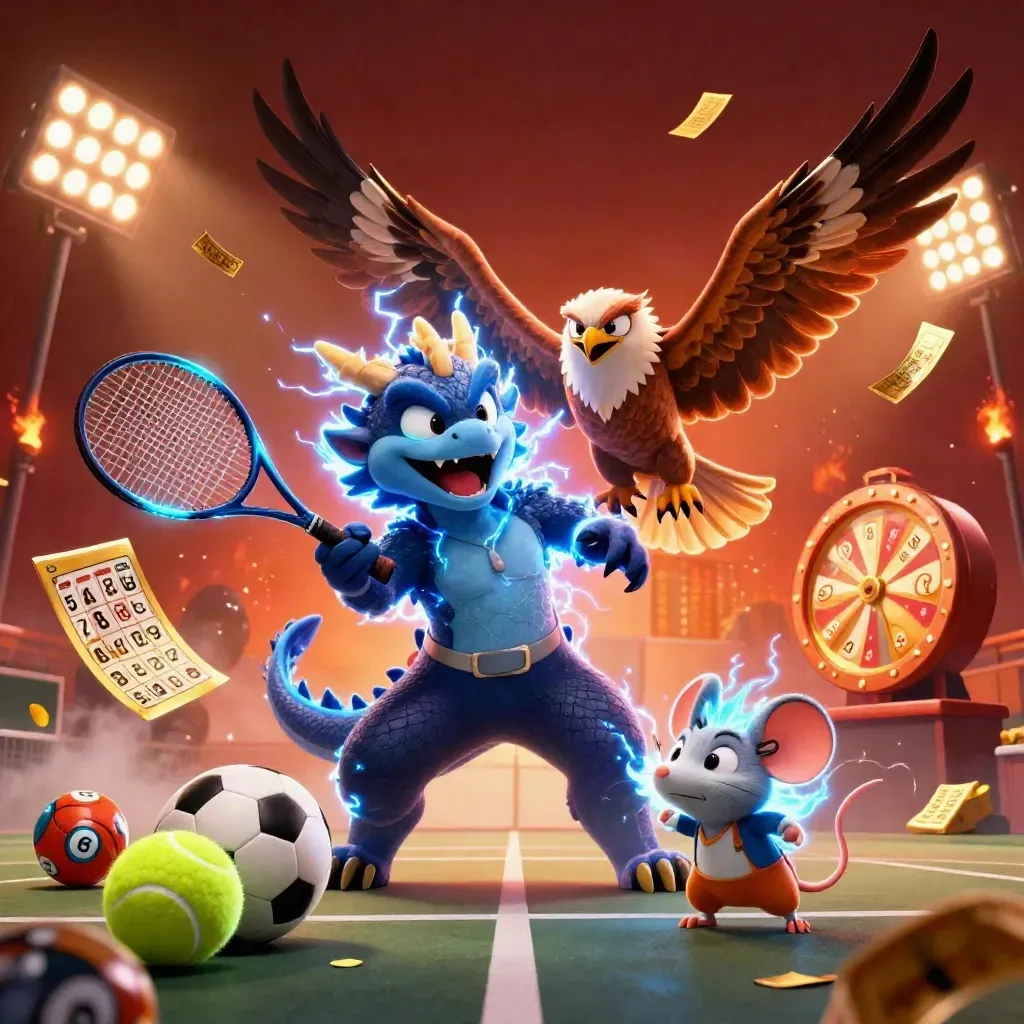 Thunder dragon, hawk and mouse burst amid casino sports props and ember light.