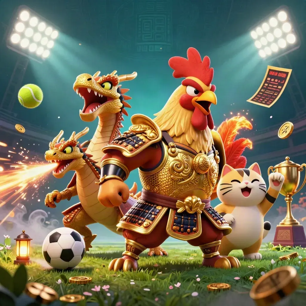Rooster warrior, dragon hatchling, and fortune-cat amid flying sports balls, gold coins, and floodlights.