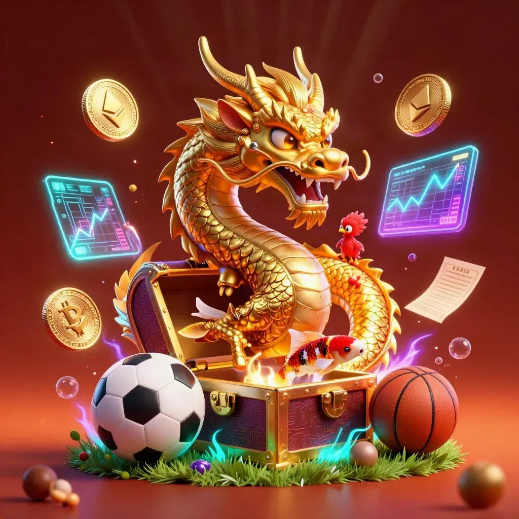 Golden dragon with phoenix and koi amid flying casino coins, balls, and neon light in a crimson blaze