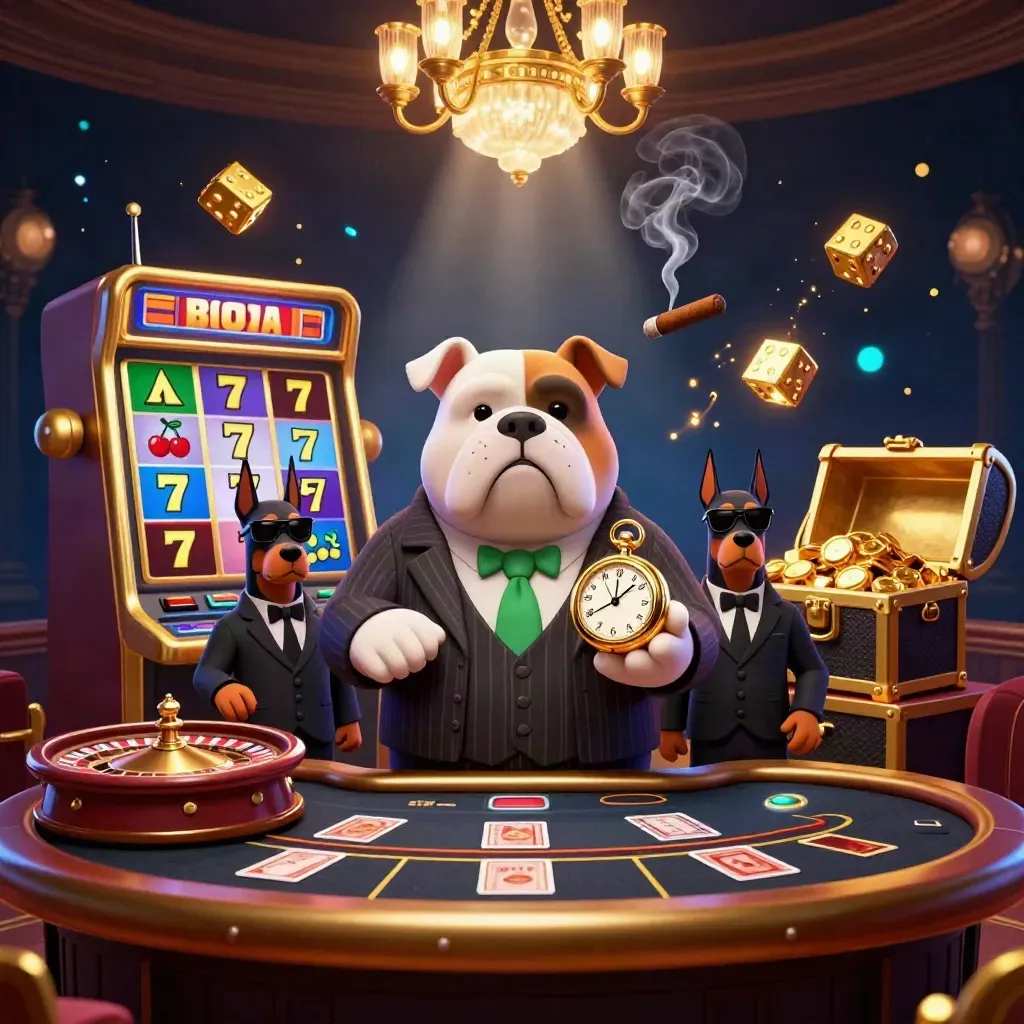Bulldog mob boss with two Dobermans amid a bursting slot machine and casino glow