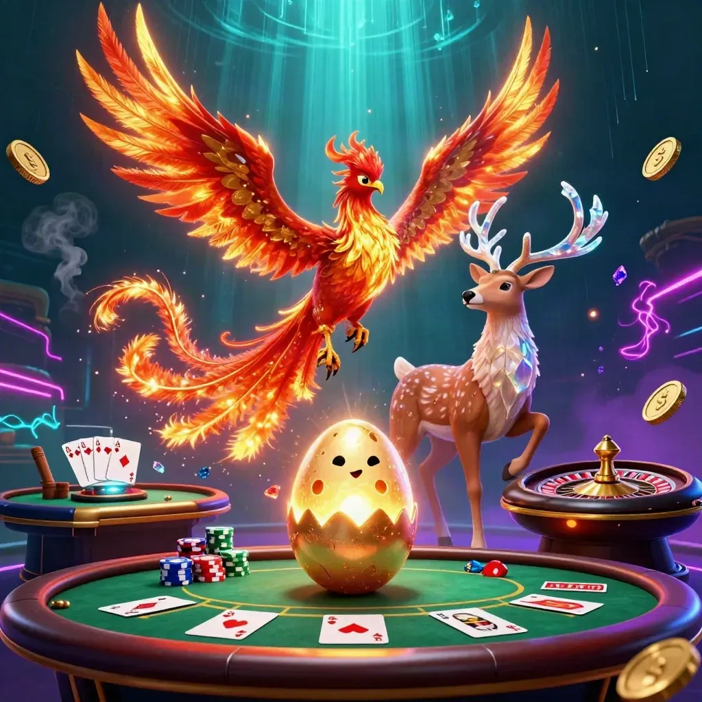 Phoenix, hatchling, and crystal stag amid casino cards, chips, gold coins, and neon luxury.