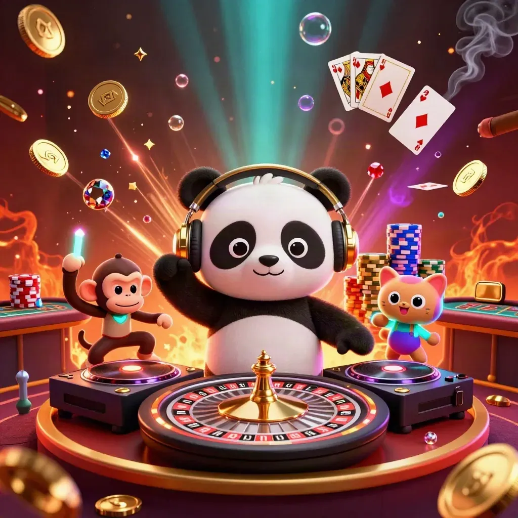 DJ panda, dancing monkey and glow-stick kitten amid casino lights and flying coins.