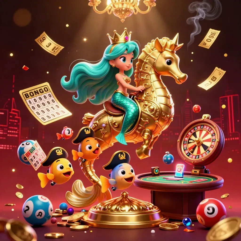 Mermaid princess on armored seahorse amid pirate fish, casino lights, coins, gems, and neon streaks.