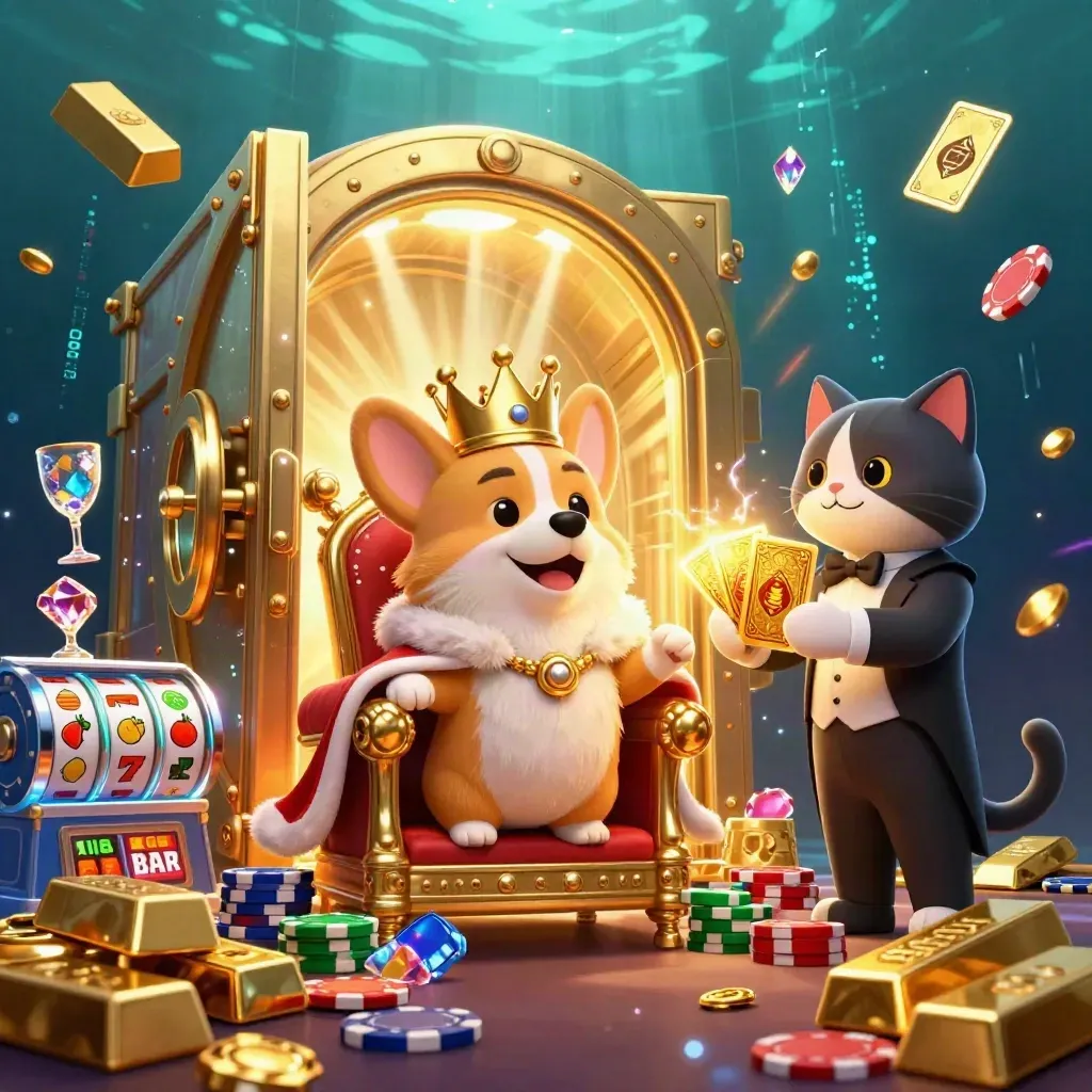 Royal corgi and cat butler amid vault gold, gems, neon energy, and casino symbols.