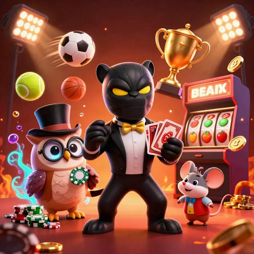 Panther, owl, and mouse deal cards amid flying balls, coins, trophy, and cyan glow.